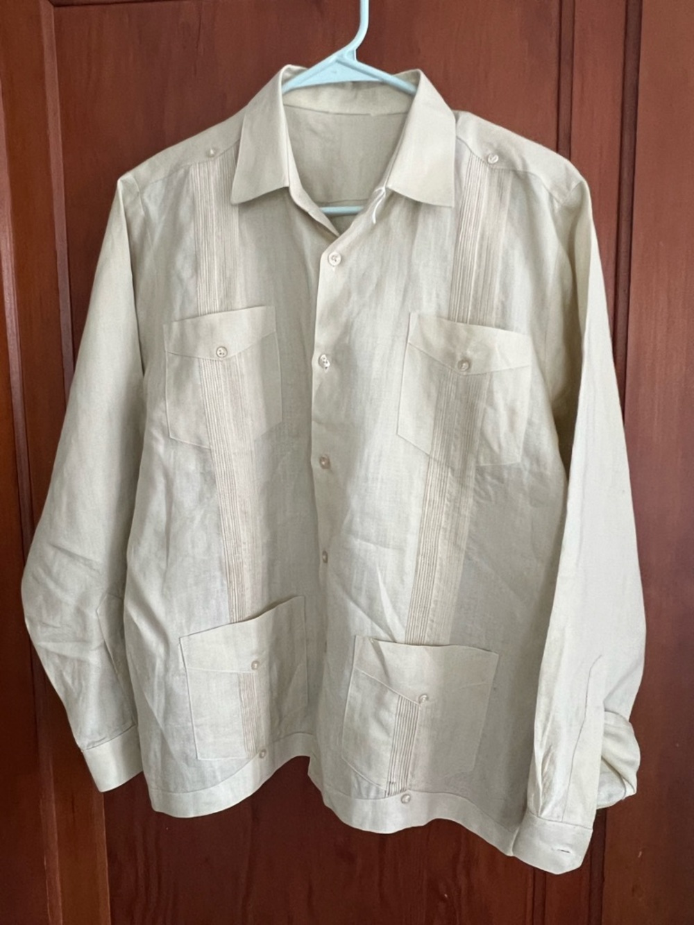 Men's Cream Guayabera-Style Long Sleeve Shirt Jacket